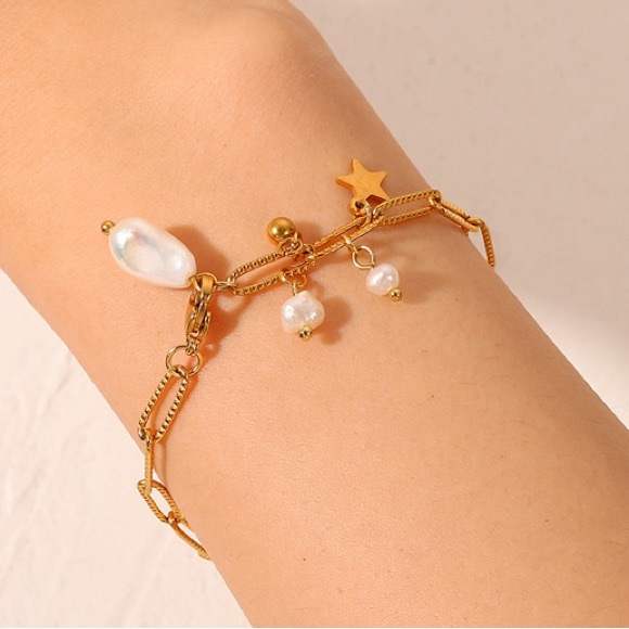18K Gold Plated Star Pearl Tassel Pendant Cross Chain Bracelet, Charm Bracelet - Picture 1 of 6